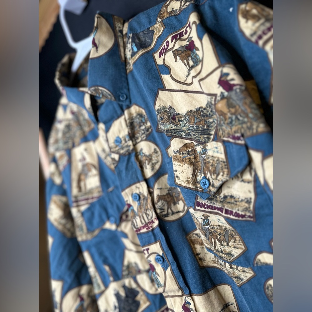 Vintage 90s Panhandle Slim Blue and Tan Graphic Shirt with the Unique West print